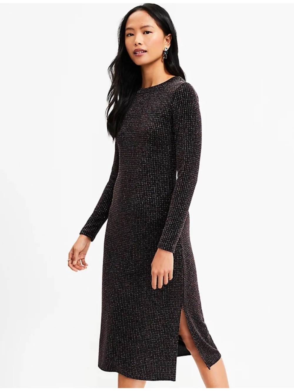 LOFT Sweater Dress M Rib Knit Midi Black Multicolor Metallic Glitter Side Slit